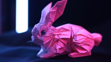 Wall Mural - Pink origami rabbit, geometric design, illuminated in vibrant light.