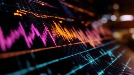 Wall Mural - Abstract visualization of data, with colorful waveforms displayed on a dark background.