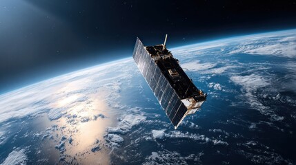 Satellite hovering above Earth, showcasing continents, cloud formations, and the curvature of the planet against a dark starry backdrop
