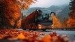 © SSP - A bus drives through a picturesque autumn landscape, surrounded by vibrant orange and yellow foliage against a mountainous backdrop.