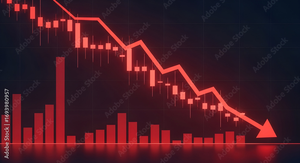 Red stock market crash chart with downward trend arrow and candlestick ...