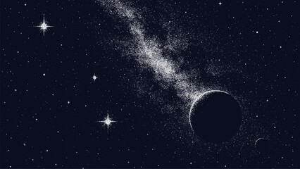 Cosmic galaxy with bright stars and a planet, starry milky way over dark blue sky. Abstract space background for astronomy.