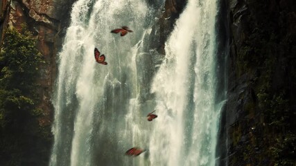 Wall Mural - Monarch Butterflies Flying in Front of Waterfall in Tropical Jungle