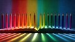 © Lunar - Row of rainbow colored pencils aligned on open book, casting striped shadow on a plain surface