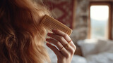 Close up on a woman combing her hair with a wooden comb. Represents selfcare, beauty routines, and natural living. Use for wellness blogs or product promotion.