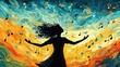 © ProPhotos - A flat design of a human figure surrounded by bright colors and musical notes that are floating around in a rhythmic motion, in the style of a cartoon.