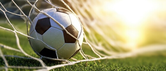 The Soccer Ball Nestled in Goal Net on Sunlit Grassy Football Field