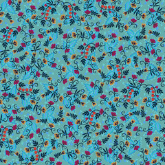 Wall Mural - Intricate seamless pattern with flowers, leaves, berries and paisley on a grey-green background with blue nettle leaves. Ethnic motifs. Beautiful vector illustration.