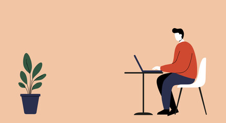 Man working remotely on laptop at a minimalist table with a plant. Ideal for concepts of productivity, freelance, digital lifestyle, and online education.