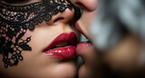 Seductive lips of a charming young woman in a lace mask in a passionate kiss close-up, dim light, intimate atmosphere, sexy background