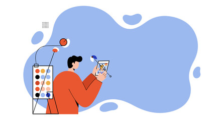 Person viewing data or creative content on a tablet, connected to a system, representing digital workflow, innovation, and modern business.