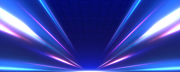Wall Mural - Panoramic high-speed technology concept with abstract light trails and glowing neon colors in blue, yellow, and orange, representing the rapid motion and energy in a futuristic environment.	