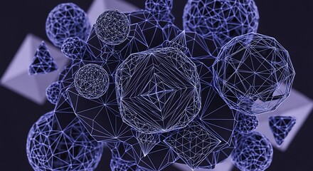 Abstract 3d rendering of geometric shapes with wireframe structures against a dark background