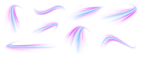 Wall Mural - Set of neon speed lines on transparent background PNG. Vector set of lines with a swirl effect on an isolated background in PNG format.