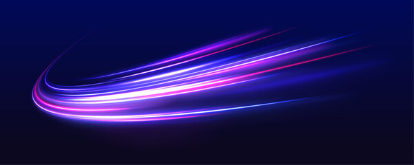 Wall Mural - Abstract image of speed motion on the road. Vector glitter light fire flare trace. Dark blue abstract background with ultraviolet neon glow, blurry light lines, waves