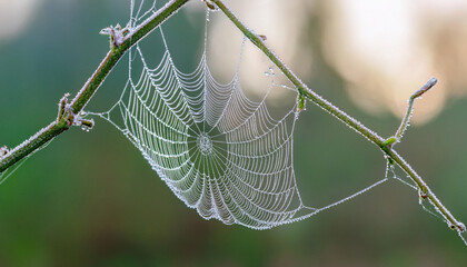 Closeup of a spider web adorned with frozen dewdrops against a blurred natural background