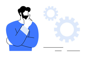 Wall Mural - Man thoughtfully touching his chin, gears symbolizing thinking, creativity, planning, strategy, innovation, decision-making. Ideal for brainstorming, problem-solving workflows startups