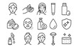 © Juno - Skin care line icon set. Beauty, cosmetology, dermatology concept. Minimalist vector pictograms for web. Facial treatment, cream, serum, mask, cleansing, moisturizing symbols.