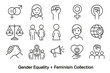 © Susanne - Gender equality and feminism icon set. Thin line icons for women's rights and female empowerment. Vector symbols of protest, justice, unity, and support for social issues.