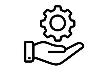Simple vector icon of gear above open hand symbolizing service, support, settings, technology concept, application interface, minimalist design, transparent background