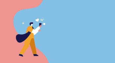 Stylized illustration of a person walking while interacting with a smartphone, receiving likes and messages. Represents social media, digital communication, and online lifestyle.