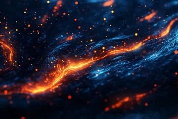 Wall Mural - Abstract background with flowing orange and blue light patterns resembling space.