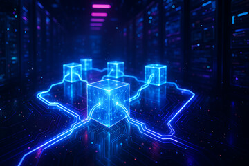 Futuristic network of glowing blue cubes representing blockchain data processing in an abstract server room with neon lights