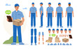 © Irina Strelnikova - Delivery man, courier holding tablet and package near customer door. Character constructor for animation. Front, side and back view set. Body parts, postures, poses collection. Vector illustration.