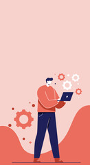 Man working on laptop with gears illustrating business process, development, or technology solutions. Ideal for concepts of innovation, strategy, and problem-solving.
