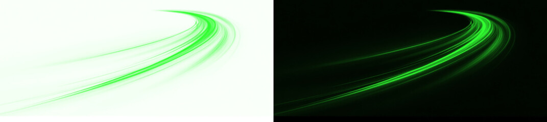 Green gradient glowing lines with luminous laser streaks, motion trails and bright abstract vector design.