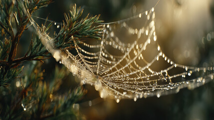 A delicate spiderweb glistens with dew drops in the early morning light. The intricate web and sparkling water create a magical, nature-inspired scene.
