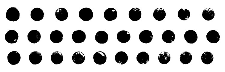 Wall Mural - nk leak effect circles. Vector distorted round shape stains. Black color circle collection. Grungy polka dot pattern with tiny small messy round rubber stamps. Emblem, punk style logo graphic elements