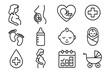 © Johann - Pregnancy and maternity outline icon set. Baby care and newborn health symbols. Motherhood, childbirth, and gynecology line collection. Fetus, infant, and medical icons vector.