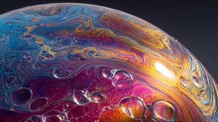 Wall Mural - Close-up of a colorful iridescent soap bubble surface with swirling patterns.