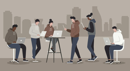Diverse young people focused on laptops and tablets in a modern urban setting, symbolizing collaboration, tech innovation, and remote work lifestyle.