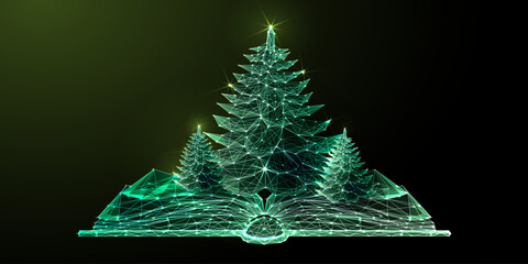 Wall Mural - Digital green education concept with book and polygonal trees, symbolizing sustainability and nature