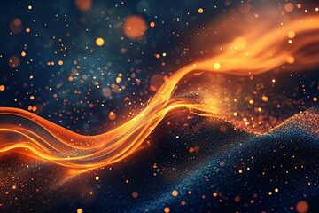 Wall Mural - Abstract image of flowing orange light against a dark blue starry background.