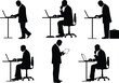 © Sumon - Businessman working silhouette set, office desk laptop pose, reading documents, modern professional male, standing and sitting work style.
