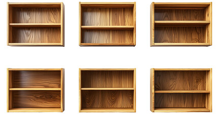 Empty wooden bookshelves and shelving units displayed isolated on a transparent background