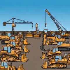 Array of heavy construction equipment under a bright sky evokes a sense of readiness for grand engineering projects