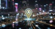 © arif - Glowing map pin over city network with buildings and people icons