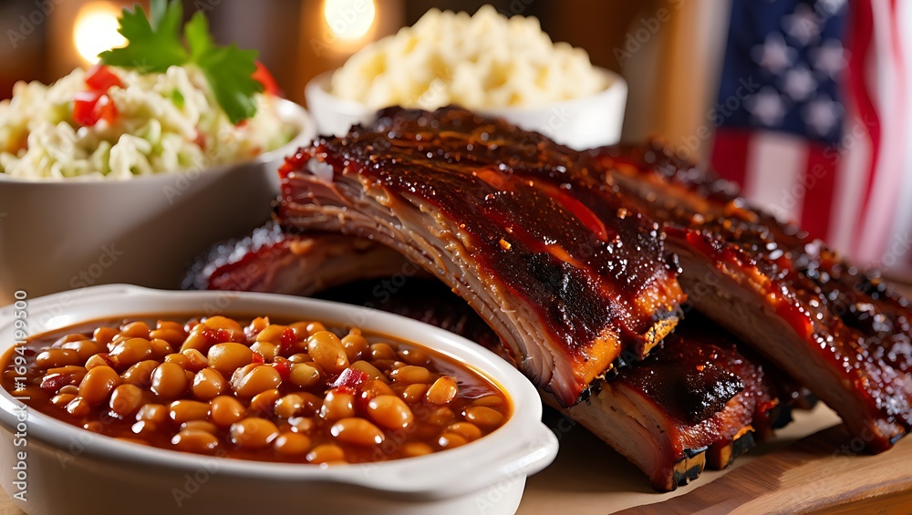 Delicious bbq pork ribs with baked beans and coleslaw served with an ...