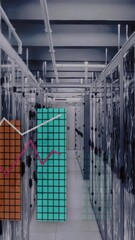 Wall Mural - Bar and line graph animation over server racks in data center