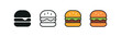 © Svetanych - Vector icon burger same pose same proportions four styles black solid glyph outline minimal flat multicolor filled cartoon flat shaded.