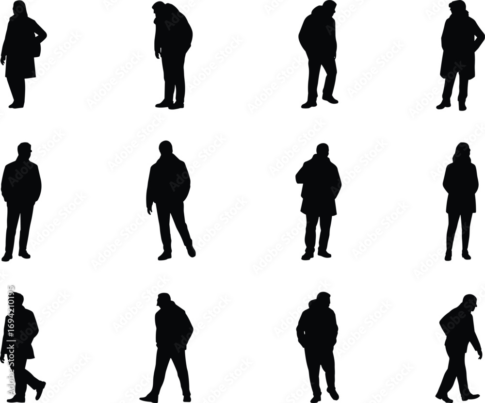 Silhouettes of standing and walking people in different poses, male and ...