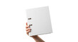 © dropideas - hand holding blank white lever arch file office organization, project management, and branding mockup, isolated on transparent background