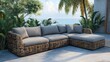 © Royal - Coastal outdoor wicker sofa lounge set with ocean view and tropical foliage ambiance