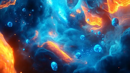Wall Mural - Abstract colorful background with blue and orange hues and bubble-like shapes.