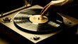 © Royal - Vintage vinyl record player with hand gently starting music on wooden console