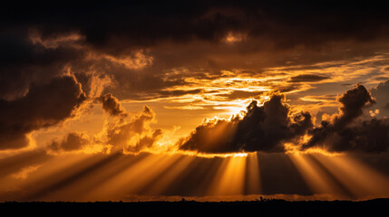 Wall Mural - breathtaking sunset with golden rays piercing through dark clouds, creating dramatic and serene atmo